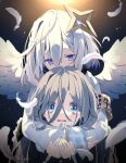  2girls amane_kanata angel angel_wings backlighting bangs blue_eyes blue_hair chiyonekoko commentary eyebrows_visible_through_hair eyes_visible_through_hair feathered_wings feathers hair_between_eyes hairband halo highres hololive hug hug_from_behind long_sleeves looking_at_another looking_at_viewer multicolored_hair multiple_girls parted_lips pink_hair purple_eyes short_hair silver_hair star_halo streaked_hair tearing_up upper_body virtual_youtuber wings 