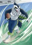  abs absurd_res anthro avian ball bird blitz_the_seahawk blue_body blue_feathers bottomwear clothing feathers football_(ball) grass_field hi_res male mascot muscular muscular_anthro muscular_male nagisabus neck_tuft nfl pants pecs seattle_seahawks solo tuft wings 