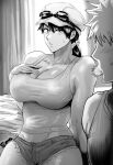  1boy 1girl bleach breast_suppress breasts cabbie_hat cleavage cowboy_shot curtains daraz18aka denim denim_shorts eyewear_on_headwear groin hair_between_eyes hand_on_own_chest hat impossible_clothes indoors kurosaki_ichigo large_breasts looking_at_viewer medium_hair midriff on_bed parted_lips ponytail scrunchie short_hair short_shorts shorts sitting sleeveless solo_focus spiked_hair spit_take spitting sweatdrop tank_top torn_clothes torn_shorts unagiya_ikumi window 