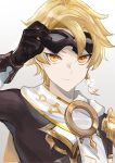  1boy aether_(genshin_impact) black_gloves blonde_hair closed_mouth earrings genshin_impact gloves highres jewelry looking_at_viewer male_focus mask penyo1989 simple_background solo upper_body white_background yellow_eyes 