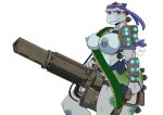  anthro armor bandanna blue_body breasts clothed clothing dinosaur female genitals grey_body gun holding_object holding_weapon kerchief multicolored_body muscular muscular_female nipples partially_clothed purple_eyes pussy ranged_weapon reptile scalie smile solo two_tone_body weapon yawg 