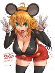  1girl 2020 ahoge amania_orz black_legwear blonde_hair breasts chinese_zodiac cleavage confetti copyright_request cosplay disney double_w gloves green_eyes grey_gloves hair_between_eyes happy_new_year highres large_breasts long_hair mickey_mouse mickey_mouse_(cosplay) midriff new_year red_shorts shorts solo thighhighs w white_background year_of_the_rat 