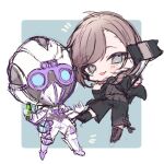  2boys \m/ apex_legends arachnoid_rush_octane bangs black_footwear black_jacket black_pants brown_hair chibi goggles grey_sweater helmet holding holding_syringe jacket kanae_(nijisanji) kom0980 male_focus mask mechanical_legs multiple_boys nijisanji octane_(apex_legends) official_alternate_costume pants selfie selfie_stick sketch smile sweater syringe virtual_youtuber 