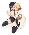  2girls absurdres black_gloves black_hair blonde_hair blush breasts cameltoe elbow_gloves eyebrows_visible_through_hair gloves grabbing grabbing_from_behind groping highres kneeling long_hair multiple_girls nipple_tweak open_mouth oppaihobby pinching red_eyes side_ponytail signature sitting transparent_background wariza yuri 