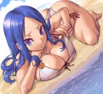  1girl amania_orz ass beach bikini_pull blue_hair blue_sky breasts cleavage clothes_pull cloud cloudy_sky copyright_request dated dutch_angle large_breasts long_hair looking_at_viewer purple_eyes shadow sky solo twitter_username water 