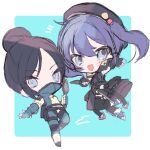  2girls apex_legends bangs beret black_gloves black_headwear black_jacket black_legwear blue_bodysuit blue_hair bodysuit chibi depths_of_the_void_wraith fingerless_gloves gloves hat holding holding_knife jacket knife kom0980 kunai mask mouth_mask multiple_girls nijisanji official_alternate_costume open_mouth sketch sleeveless sleeveless_jacket smile thighhighs twintails virtual_youtuber weapon wraith&#039;s_kunai wraith_(apex_legends) yuuki_chihiro 