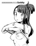  1girl artist_name bandaid bangs breasts clothes_lift geewhy greyscale highres kagari_atsuko lifted_by_self light_blush little_witch_academia looking_at_viewer monochrome nipples no_bra parted_lips ponytail shirt shirt_lift short_hair simple_background small_breasts solo t-shirt upper_body web_address white_background 
