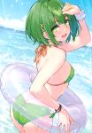  1girl absurdres arm_up ass bangs bare_shoulders bikini blue_sky breasts cloud cloudy_sky cu-no day fingernails green_eyes green_hair hair_ornament highres hisen_kaede holding innertube jewelry looking_at_viewer looking_back nail_polish nonono_futaba ocean open_mouth outdoors scan see-through short_hair simple_background sky small_breasts smile solo swimsuit water water_drop wet 