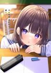  1girl black_hair blush desk eraser eyebrows_visible_through_hair highres looking_at_viewer mizukoshi_(marumi) notebook open_mouth original pencil_case purple_eyes school_uniform short_hair solo 