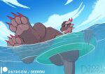  4_toes 5_fingers anthro anus balls butt claws cloud deeroni dragon eyewear feet fingers foot_focus genitals hi_res horn male nude pawpads paws ram_(deeroni) scalie sea signature sky smile soles solo sunglasses toe_claws toes water 