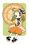  1girl ahoge black_bow black_footwear black_ribbon blush blush_stickers border bow closed_mouth drill_hair flower frilled_sleeves frilled_umbrella frills green_eyes green_hair hair_ornament heart heart_hair_ornament holding holding_umbrella long_hair long_sleeves orange_umbrella original over_shoulder red_flower red_rose ribbon rose sleeves_past_wrists smile umbrella white_border wide_sleeves yellow_bow yellow_footwear yellow_umbrella yukihi 