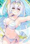  1girl absurdres armpits arms_up bangs bare_shoulders bikini blush breasts collarbone cu-no day eyewear_on_head highres hisen_kaede holding long_hair looking_at_viewer navel open_mouth orange_eyes outdoors rapua_qive scan shore simple_background solo stomach striped sunglasses swimsuit water white_hair 