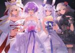  4girls :d :o animal_ears ayanami_(azur_lane) ayanami_(demon&#039;s_finest_dress)_(azur_lane) azur_lane bangs bare_shoulders black_dress black_gloves black_legwear blue_eyes blue_flower blue_ribbon blush bouquet breasts bridal_veil bride brown_hair choker cleavage closed_mouth clothes_lift collarbone commentary_request cowboy_shot crop_top cross cross_hair_ornament detached_sleeves dress dress_lift eyebrows_visible_through_hair fake_animal_ears flat_chest flower gloves green_eyes groin hair_between_eyes hair_flower hair_ornament hand_up headgear high_ponytail highres holding holding_bouquet japanese_clothes javelin_(azur_lane) javelin_(blissful_june_bride)_(azur_lane) jewelry kimono laffey_(azur_lane) laffey_(white_rabbit&#039;s_oath)_(azur_lane) long_hair long_sleeves looking_at_viewer medium_breasts midriff multiple_girls navel necklace official_alternate_costume open_mouth orange_eyes pantyhose ponytail purple_hair rabbit_ears red_choker red_eyes ribbon rose see-through short_hair sidelocks skirt sleeveless sleeveless_dress smile standing strapless strapless_dress thigh_gap thighhighs turtleneck_dress twintails uchikake veil very_long_hair wedding_dress white_choker white_dress white_gloves white_hair white_kimono white_legwear white_sleeves wide_ponytail wide_sleeves yayako_(804907150) z23_(azur_lane) z23_(schwarze_hochzeit)_(azur_lane) zettai_ryouiki 