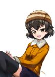  1girl :d artist_name bangs black_hair black_legwear black_skirt bob_cut brown_eyes brown_headwear caesar_(girls_und_panzer) casual coat girls_und_panzer hands_on_lap hat knit_hat long_sleeves looking_at_viewer open_mouth orange_coat short_hair signature simple_background sitting skirt smile solo teeth thighhighs upper_teeth wavy_hair white_background yu_sakurai06 