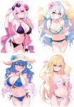  4girls absurdres bangs bare_shoulders bikini blonde_hair blue_eyes blue_hair breasts cleavage collarbone cu-no earrings hakurei_botan highres hisen_kaede jewelry kohitsuji_ai large_breasts long_hair looking_at_viewer multiple_girls navel open_mouth orange_eyes parted_lips pink_hair purple_eyes rapua_qive scan shiny shiny_hair simple_background smile stomach swimsuit thighs white_background white_hair yayoi_sakura 