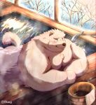  2022 absurd_res anthro bathing blush butt canid canine detailed_background hi_res humanoid_hands inside kemono kumajjjj male mammal moobs nipples overweight overweight_male solo water 