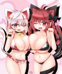  2girls :3 ;d absurdres ahoge animal_ear_fluff animal_ears artist_request bell blush breasts cat_ears cat_tail character_name cowbell cowboy_shot drop_shadow extra_ears fang goutokuji_mike hair_down heart highres huge_breasts kaenbyou_rin long_hair multicolored_hair multiple_girls multiple_tails navel nekomata one_eye_closed open_mouth orange_eyes paw_pose pointy_ears red_hair short_hair smile streaked_hair tail touhou triangle_mouth two_tails 