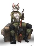  2022 absurd_res anthro belt blue_eyes boots breasts canid chest_tuft clothed clothing collar dragunov eyebrows eyelashes eyewear female footwear glasses gloves gun hair handwear hi_res looking_at_viewer mammal open_clothing pgm300 ranged_weapon rifle scope short_hair sitting smile sniper_rifle solo tuft weapon 