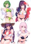  4girls absurdres bangs bare_shoulders bikini black_hair bracelet braid breasts cu-no fingernails food glasses green_eyes green_hair highres hisen_kaede holding jacket jewelry kokonoe_tamaki large_breasts long_hair looking_at_viewer multiple_girls nail_polish nonono_futaba off_shoulder open_clothes open_mouth pink_hair popsicle purple_eyes red_eyes scan shiny shiny_hair short_hair simple_background smile swimsuit thighs tied_hair twin_braids twintails white_background yayoi_sakura 