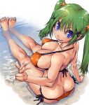  1girl amania_orz ass bikini blue_eyes breasts cleavage copyright_request dated green_hair hair_ornament large_breasts long_hair looking_at_viewer orange_bikini parted_lips partially_submerged shadow sidelocks smile solo swimsuit twintails water x_hair_ornament 