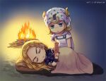  2boys beanie beard blanket blonde_hair blue_eyes campfire chibi dyresbroom facial_hair gyro_zeppeli hat johnny_joestar jojo_no_kimyou_na_bouken long_hair male_focus multiple_boys sleeping_bag steel_ball_run stuffed_animal stuffed_toy teddy_bear 