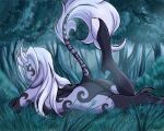 alir_(omnii34) black_sclera breasts butt demon detailed_background female forest forest_background grass hair hi_res hooves horn humanoid long_hair looking_back lying nature nature_background nude omnii34 on_front outside plant small_breasts smile solo tree white_eyes white_hair 