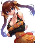  1girl amania_orz bangs belt blue_eyes breasts brown_hair cleavage copyright_request dated hair_between_eyes hair_ribbon large_breasts long_hair looking_at_viewer red_belt ribbon simple_background solo twintails twitter_username upper_body white_background yellow_ribbon 