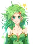  1girl breasts detached_sleeves earrings final_fantasy final_fantasy_iv green_eyes green_hair hair_ornament highres jewelry long_hair looking_at_viewer older rydia_(ff4) sa_kichi simple_background smile solo symbol-only_commentary teeth white_background 