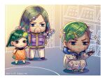  3boys beard beetle black_hair bug chibi dress dyresbroom facial_hair facial_mark grandfather_and_grandson green_hair hair_ornament hairclip higashikata_jobin higashikata_norisuke_iv higashikata_tsurugi hood hoodie jojo_no_kimyou_na_bouken jojolion long_hair male_focus multicolored_hair multiple_boys otoko_no_ko scar sparkle spikes two-tone_hair 