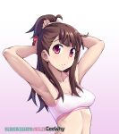  1girl armpits arms_up artist_name bangs bra breasts brown_hair cleavage geewhy gradient gradient_background hands_in_hair highres kagari_atsuko little_witch_academia looking_at_viewer parted_lips pink_background pink_bra red_eyes short_hair small_breasts solo teeth tying_hair underwear upper_body web_address 