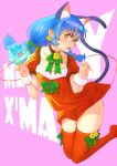  1girl animal_ears background_text bangs bell blue_hair bow_legwear braid cat_ears cat_girl cat_tail christmas christmas_ornaments claw_pose commentary dress english_commentary english_text fang floating fur_cuffs green_ribbon hair_ribbon jj_(ssspulse) legs_up long_hair looking_at_viewer merry_christmas neck_bell neck_ribbon open_mouth precure prunce_(precure) purple_background red_dress red_legwear ribbon santa_dress short_dress short_sleeves simple_background solo star_twinkle_precure tail thighhighs yellow_eyes yuni_(precure) 