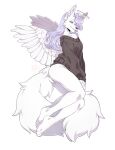  alyssa_(tipsysheep) angel anthro black_nose blue_eyes bottomless breasts butt canid canine canis cheek_tuft clothed clothing eyelashes facial_tuft feathered_wings feathers female fur hair hair_over_eye halo hi_res inner_ear_fluff long_hair long_tail looking_back mammal off_shoulder one_eye_obstructed peachmuffin plantigrade purple_hair signature simple_background smile solo sweater topwear tuft white_background white_body white_fur wings wolf 