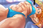  1girl abs arched_back armpits arms_up bandaid bandaid_on_cheek blue_bra blue_buruma blue_sports_bra blurry blurry_background blush bra breasts buruma captain_mizuki cleavage closed_mouth cowboy_shot crotch_seam daraz18aka eyelashes hair_pulled_back highres large_breasts long_hair looking_at_viewer lying muscular muscular_female navel on_back one-punch_man orange_hair purple_eyes smile solo sports_bra stomach sweat sweatdrop thighs underboob underwear 