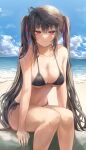  1girl ahoge beach bikini black_bikini blue_sky borrowed_character breasts brown_hair cleavage cloud feet_out_of_frame hair_ribbon highres lisi long_hair medium_breasts navel ocean original priite_hari_(torriet) red_eyes red_ribbon ribbon sitting_on_rock sky smile swimsuit twintails 