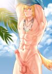  1boy absurdres animal_ears arknights blonde_hair blue_eyes clothes_lift highres large_penis male_focus muscular muscular_male nude penis shirt_lift solo sunglasses tail tequila_(arknights) yedong 