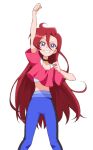  1girl asymmetrical_bangs bangs blue_legwear casual choker clenched_hands commentary crop_top grin hair_between_eyes hair_strand jewelry kayabakoro leggings long_hair looking_at_viewer loose_clothes loose_shirt midriff precure purple_eyes raised_fist red_hair red_shirt ring shirt short_sleeves simple_background single_vertical_stripe smile solo standing takizawa_asuka tropical-rouge!_precure very_long_hair white_background white_shirt 