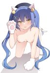  1girl :d all_fours amamiya_kokoro animal_ears animal_hands bangs barefoot bell beret black_headwear black_ribbon blue_hair breasts cat_ears cat_tail collarbone commentary_request completely_nude eyebrows_visible_through_hair full_body gloves hair_bell hair_between_eyes hair_ornament hair_ribbon hairclip hat highres jingle_bell jyt long_hair looking_at_viewer nijisanji nipples nude paw_gloves ribbon shadow small_breasts smile solo tail tail_bell tail_ornament twintails very_long_hair virtual_youtuber white_background white_gloves x_hair_ornament yellow_eyes 