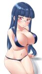  1girl aimobake bad_id bad_twitter_id bangs bespectacled bikini black_bikini blue_hair blunt_bangs blush breast_hold breasts cleavage commentary_request eyebrows_visible_through_hair glasses half-closed_eyes halterneck highres idolmaster idolmaster_cinderella_girls large_breasts long_hair looking_at_viewer navel parted_lips red_eyes rimless_eyewear sajo_yukimi shadow simple_background sitting solo swimsuit white_background 