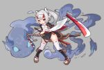  1girl armor hair_ribbon holding holding_sword holding_weapon horns japanese_armor japanese_clothes katana kote looking_at_viewer miko oni_horns open_mouth original ponytail red_eyes ribbon shoulder_armor skirt solo sword thighhighs weapon white_hair x734489282 