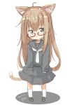  1girl absurdres ahoge animal_ears black_footwear black_serafuku black_skirt brown_eyes brown_hair cat_ears cat_tail chibi fyuo highres kantai_collection loafers long_hair mochizuki_(kancolle) necktie one-hour_drawing_challenge red-framed_eyewear school_uniform serafuku shoes simple_background skirt socks solo standing tail white_background white_legwear white_necktie 