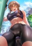  1girl :d abs amane_suzuha bicycle bike_shorts black_bra black_shorts blue_sky blurry blurry_foreground blush bra braid breasts brown_hair cameltoe cloud cloudy_sky cowboy_shot daraz18aka day eyebrows_visible_through_hair from_below green_eyes ground_vehicle hair_between_eyes highres large_breasts lens_flare looking_at_viewer medium_hair navel open_mouth outdoors shorts sky sleeveless smile solo sparkle sports_bra sportswear steins;gate stomach taut_clothes toned tree twin_braids twintails underwear utility_pole 