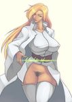  blonde_hair blue_eyes breasts covered_nipples cowboy_shot excessive_pubic_hair highres huge_breasts janne_d'arc lips long_coat long_hair no_panties nose pubic_hair pussy rennes sash smile snk solo tailcoat thighhighs white_legwear wide_sleeves world_heroes 