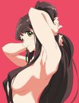  1girl armpits arms_behind_head bangs black_hair breasts eyebrows_visible_through_hair from_side green_eyes hair_censor hair_over_breasts kondou_mai large_breasts long_hair mouth_hold nude red_background sideboob smile solo tying_hair umanosuke very_long_hair wake_up_girls! 