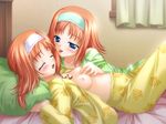  2girls amakase_miharu bed blue_eyes breast_grab breasts da_capo game_cg grabbing hairband incest licking miharu multiple_girls open_clothes open_shirt pajamas pillow red_hair shirt sleeping source_request twincest twins yuri 