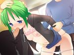  arm_grab blue_eyes blush bra bra_lift breasts censored fellatio from_behind green_hair hand_on_head hayakawa_aoi jikkyou_powerful_pro_yakyuu nipples nora_higuma oral panties panty_pull pawapuro pussy_juice rape sex underwear 