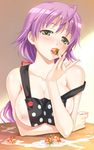  apron bare_shoulders blush breast_slip breasts cream food fruit green_eyes hands happoubi_jin imageboard_sample kanojo_x_kanojo_x_kanojo large_breasts mature naked_apron nipple_slip nipples one_breast_out orifushi_natsumi polka_dot polka_dot_apron purple_hair ribbon sexually_suggestive solo strap_slip strawberry 