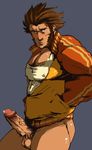  bara blush brown_hair capcom gyakuten_saiban highres male male_focus muscle niboshi_saburou penis precum will_powers 