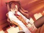  1girl blush bottomless bow brown_hair eyes_closed fate/stay_night fate_(series) game_cg hair_bow hair_bows masturbation open_mouth pussy school_uniform solo thighhighs tohsaka_rin twin_tails twintails uncensored zettai_ryouiki 