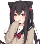  1girl :d amashiro_natsuki animal_ears bangs black_hair black_sailor_collar black_skirt blush bow bowtie brown_legwear brown_shirt cat_ears cat_tail commentary_request fang hair_ornament hand_up heterochromia knee_up long_hair long_sleeves looking_at_viewer miniskirt open_mouth original red_eyes red_neckwear sailor_collar school_uniform shirt sidelocks simple_background skirt sleeves_past_fingers sleeves_past_wrists smile solo tail thighhighs two_side_up upper_body white_background yellow_eyes 