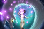  1girl artist_name bangs bare_arms black_sclera braid breasts collarbone colored_sclera eyebrows_visible_through_hair green_background highres kindred_(league_of_legends) lamb_(league_of_legends) league_of_legends long_hair lying navel on_back open_mouth petals pink_eyes pink_hair shiny shiny_hair small_breasts twin_braids uranophane water yellow_eyes 
